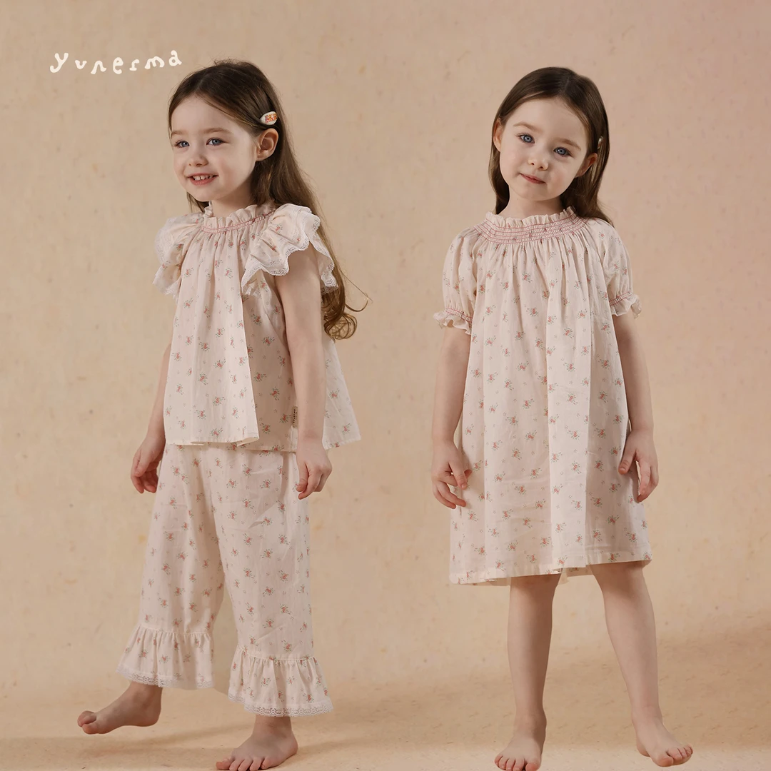 允儿妈女童夏季法式小众碎花娃娃衫裤子家居套装宝宝泡泡袖睡裙潮