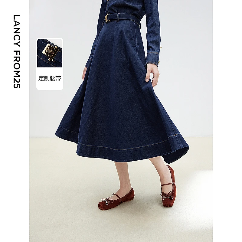 朗姿法式棉质蓝色牛仔复古半身裙高腰伞摆气质高端2025年冬季新款