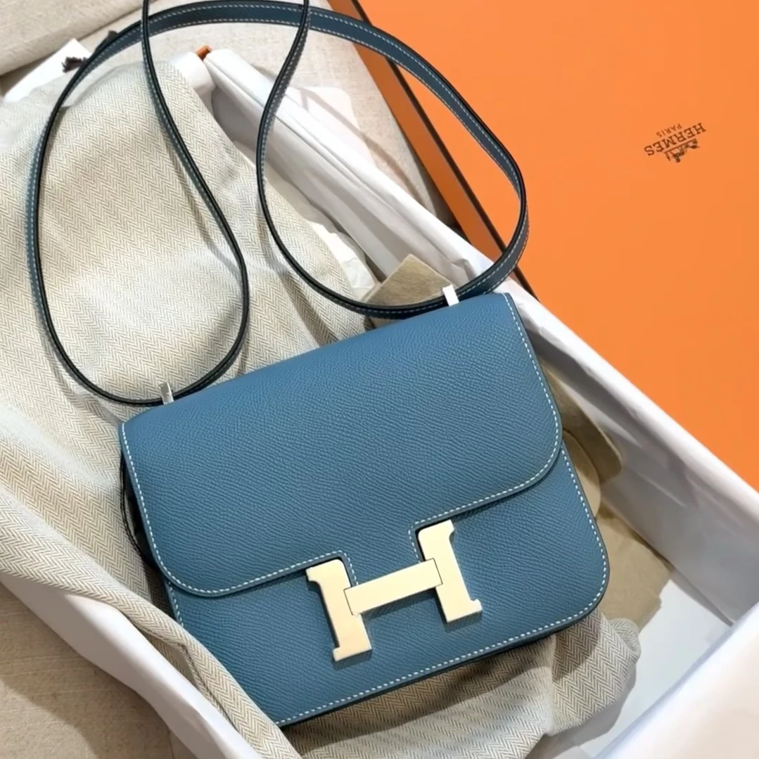 95新 Hermes/爱马仕 【老于】康康19牛仔蓝金扣e皮单肩包/yslj