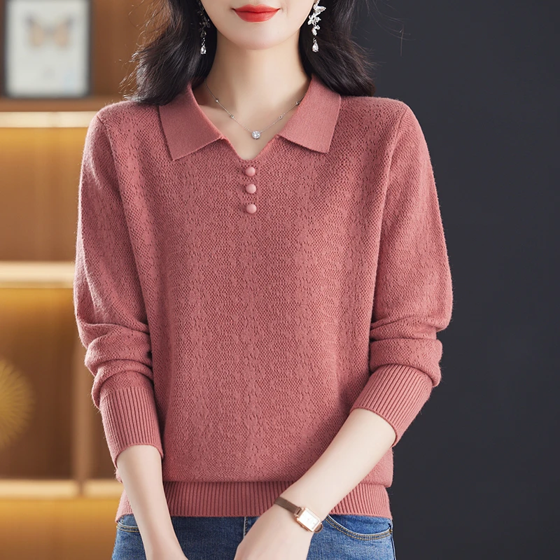 妈妈秋装2025新款毛衣洋气翻领遮肚上衣中年女时尚长袖薄款打底衫