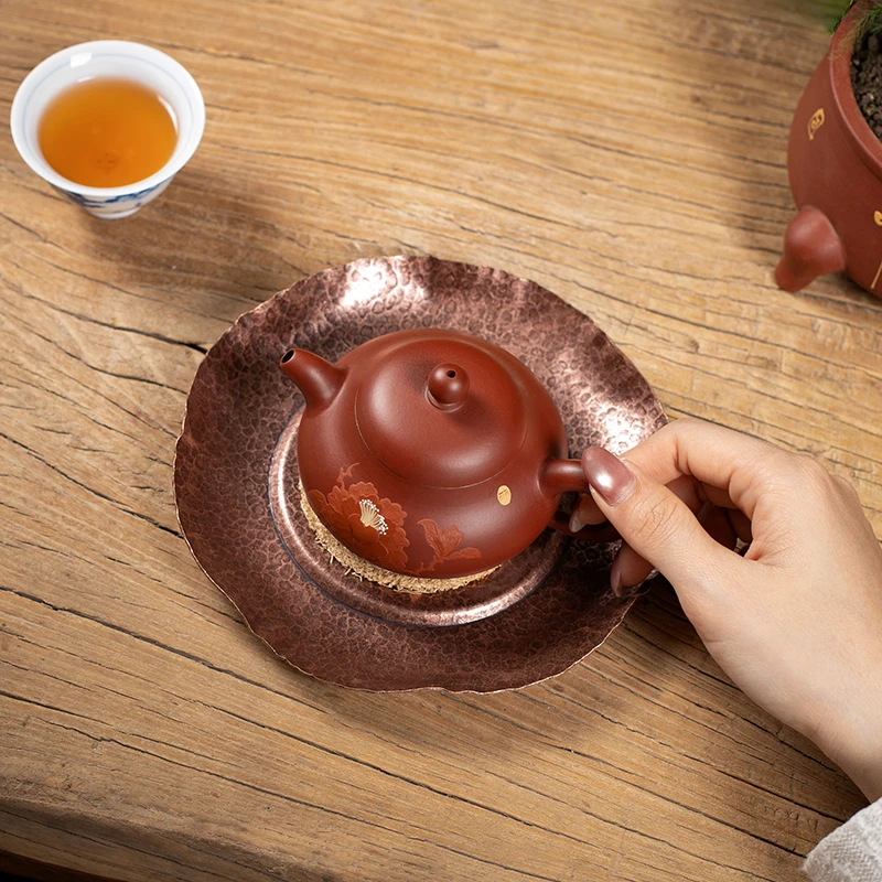 手工黄铜壶承复古锤纹铜茶托加厚建水茶洗干泡台茶盘功夫茶具配件