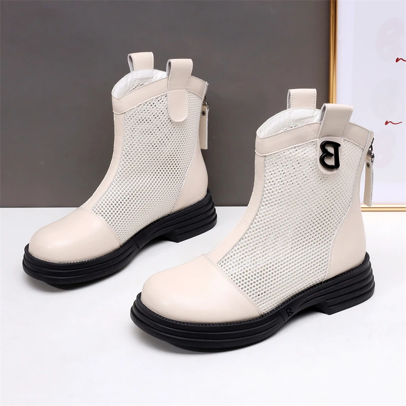 大码4243夏季薄款网纱透气镂空马丁靴女高帮平底防滑网面妈妈凉鞋