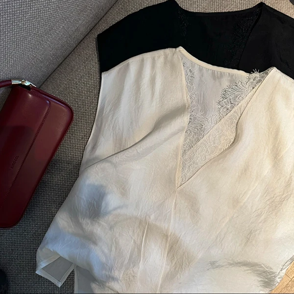 夏季高定醋酸V领蕾丝衬衣洋气高贵上衣气质显瘦温柔独特漂亮小衫
