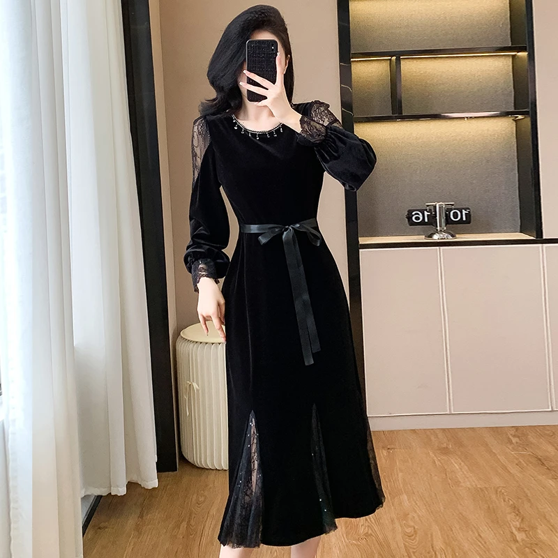 实拍秋冬丝绒裙打底内穿  网纱拼接钉珠中长款大码丝绒连衣裙女