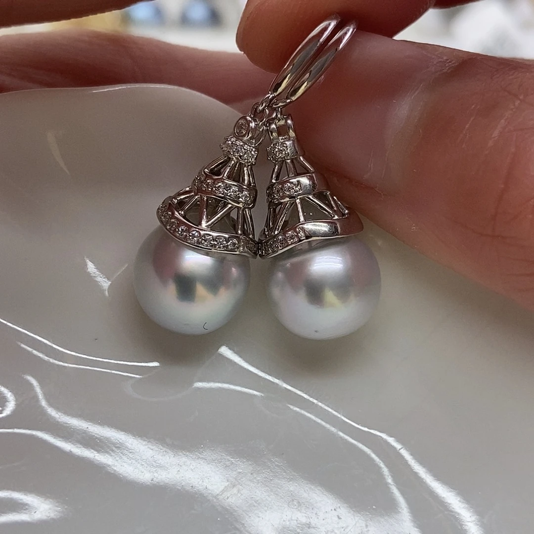 银S925镶嵌海水珍珠耳饰