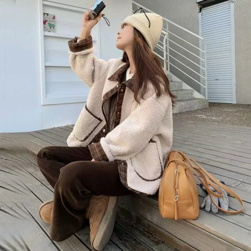胖mm韩版宽松毛毛外套2025冬季新款时尚高级拼色格子翻领上衣