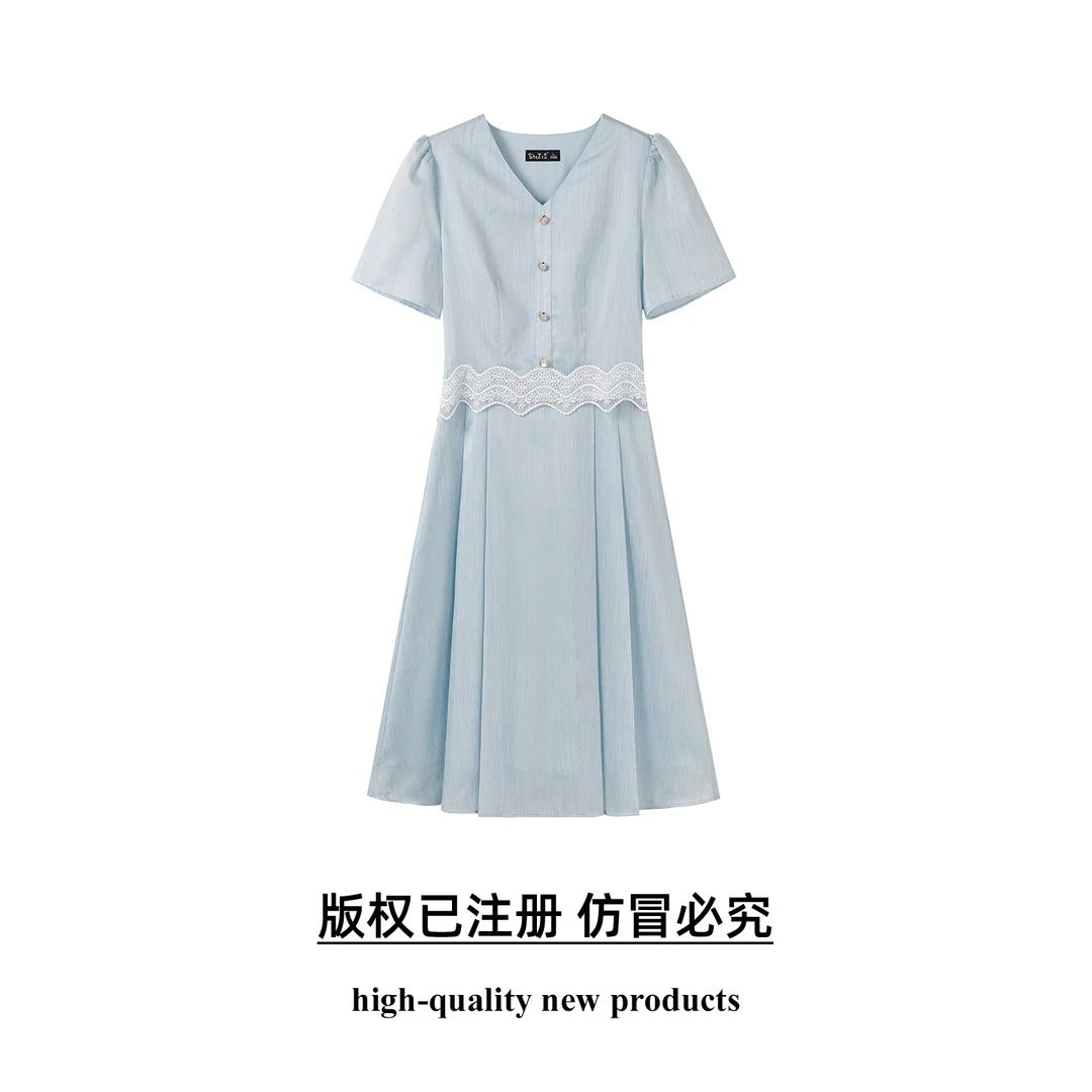 奢姿大码女装2025夏季新款胖妹妹时尚减龄V领蕾丝拼接短袖连衣裙