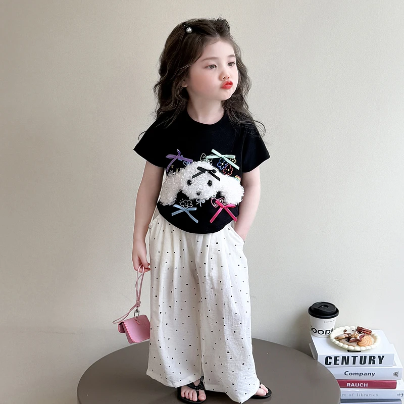 女童短袖套装洋气儿童夏季2025新款女宝宝波点阔腿裤两件套小女孩