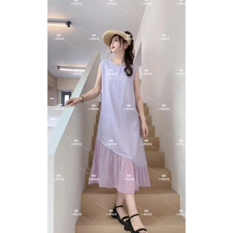 小雅姐姐  法式复古拼接气质度假风无袖背心连衣裙IX44