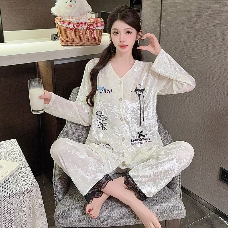 2025秋冬季新款金丝绒长袖长裤睡衣女士家居服春秋套装