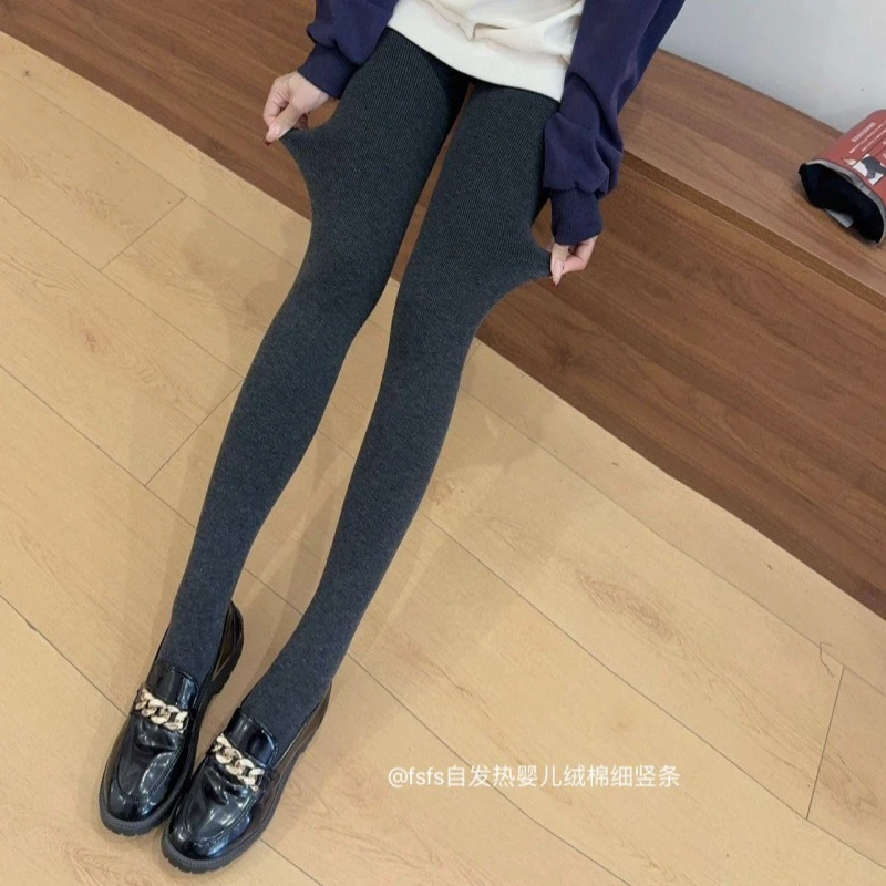 云朵棉细条miu风秋冬外穿连裤袜女 黑色显瘦春秋灰色打底裤袜