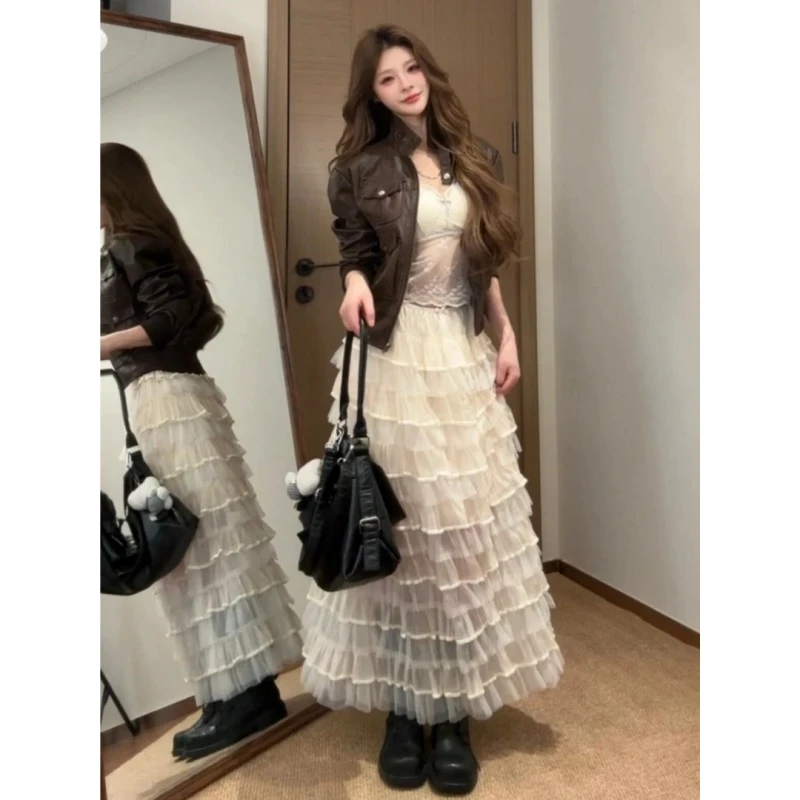 MARIE.COCO韩系独特超好看套装美式复古机车外套气质网纱蛋糕裙子