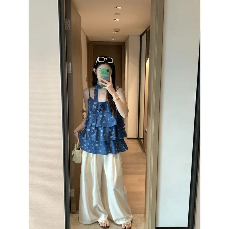 小沈美眉 夏日碎花 配飘带荷叶边碎花吊带背心夏宽松显瘦上衣女