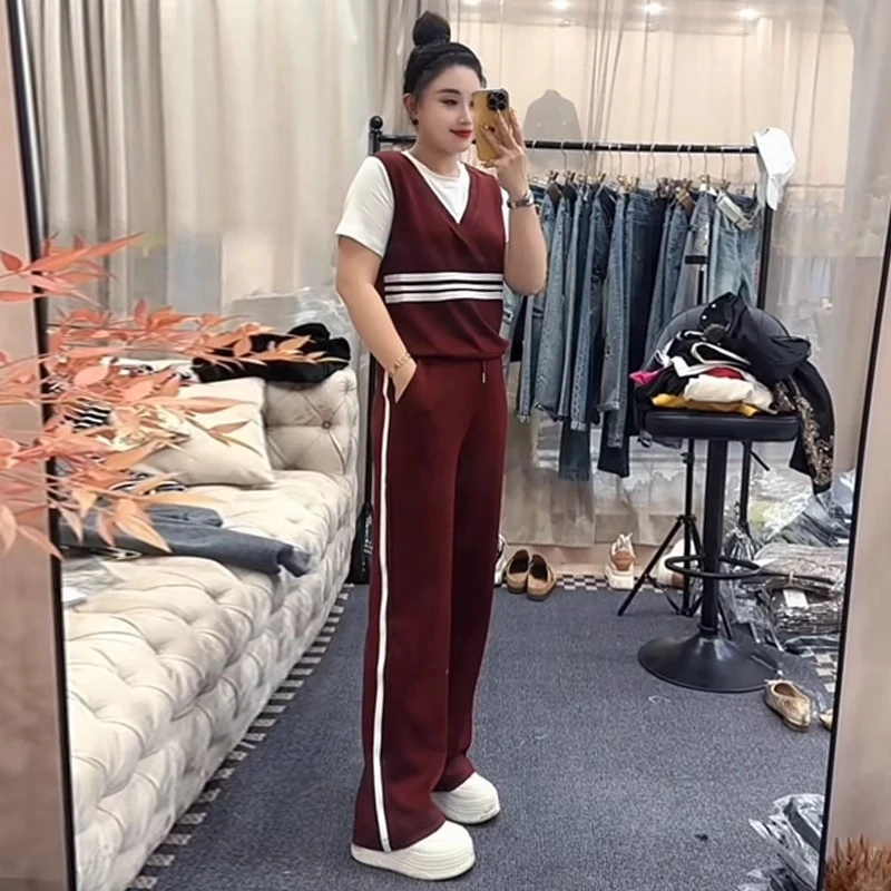 休闲运动套装女2025夏季新款红色拼色假两件短袖上衣阔腿裤两件套