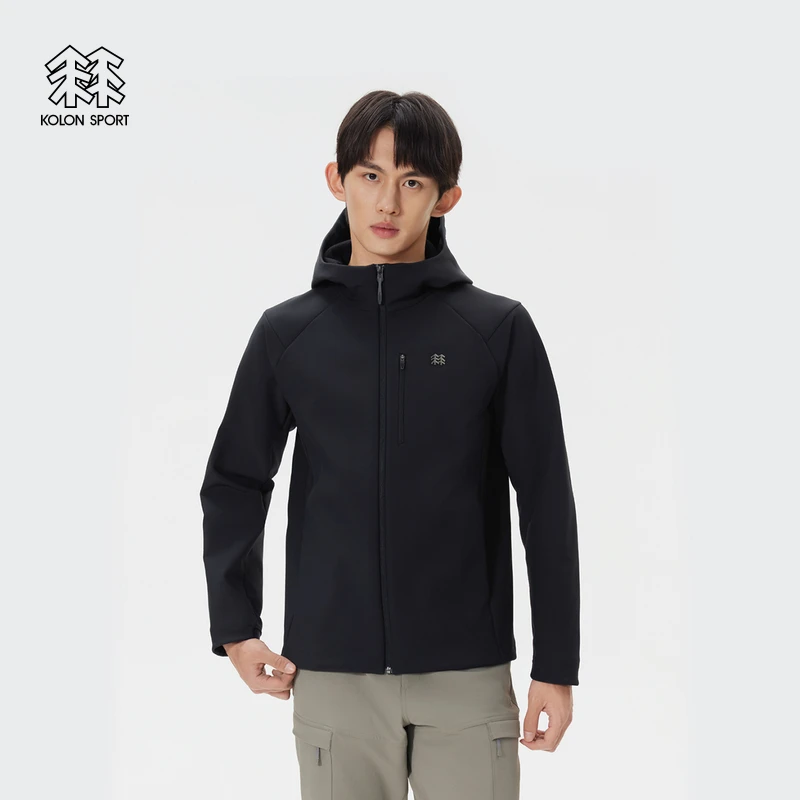 KOLON SPORT可隆软壳衣防泼水防风透湿保暖男士连帽拉绒软壳夹克