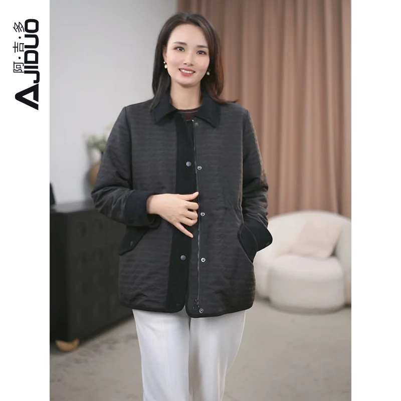 阿吉多A23121黑色翻领外套女2025秋冬新款高级感精致提花大码上衣