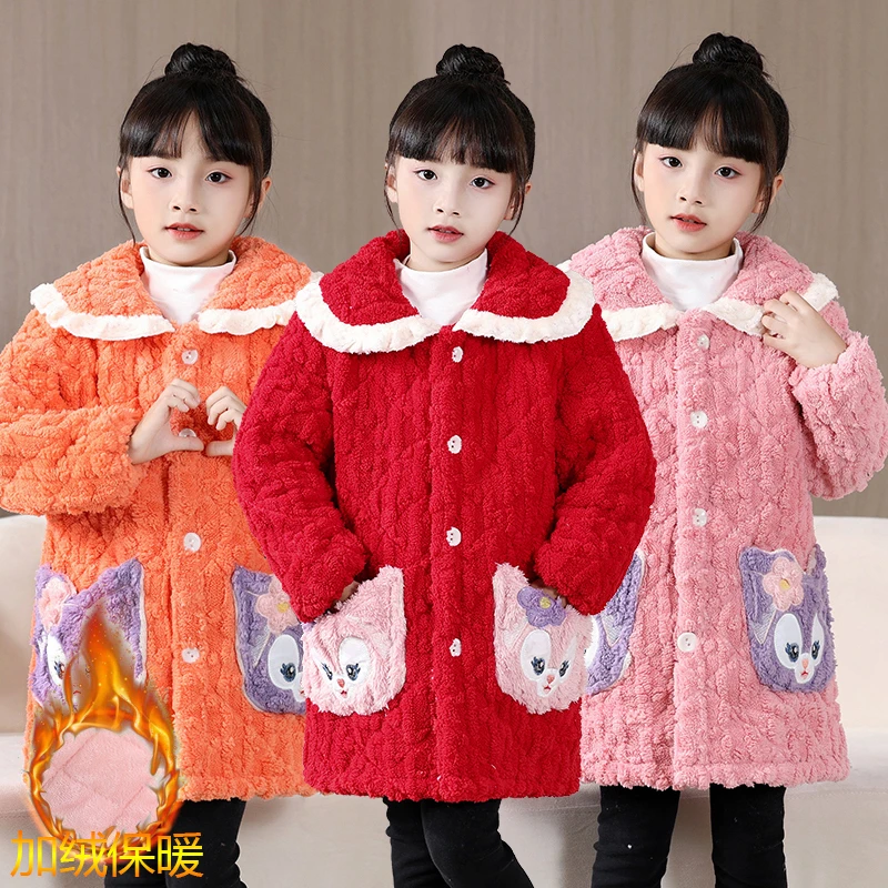 库洛米睡衣女童秋冬初中生女孩加绒加厚保暖珊瑚绒家居服