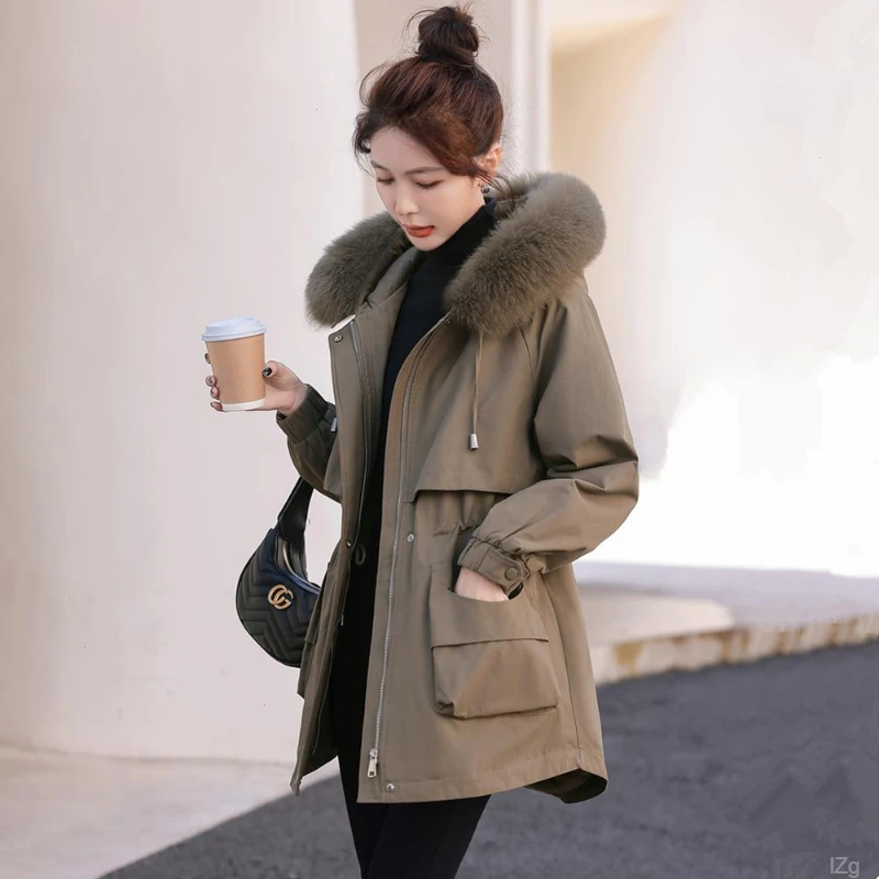 派克服棉服女中长款冬季加绒加厚新款收腰棉衣显瘦毛领连帽外套