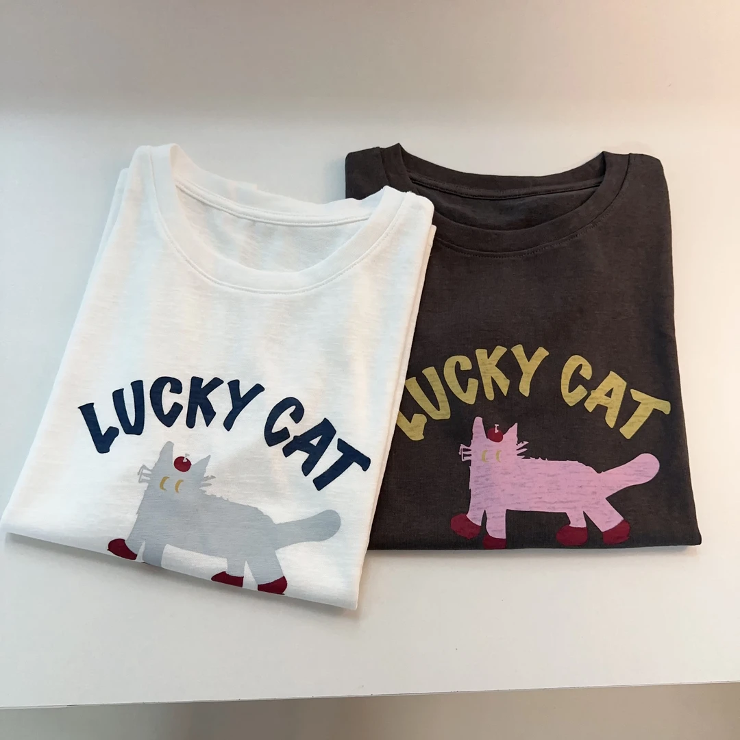 【幸运猫】麻感棉！韩系气质显瘦百搭休闲短袖潮流ins气质T恤上衣女