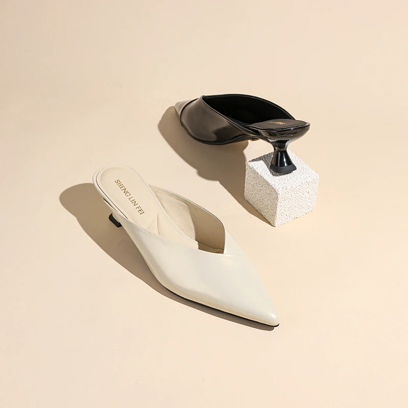 圣琳妃/牛皮/4CM时尚包头半拖鞋女外穿细跟百搭软底穆勒鞋D20164