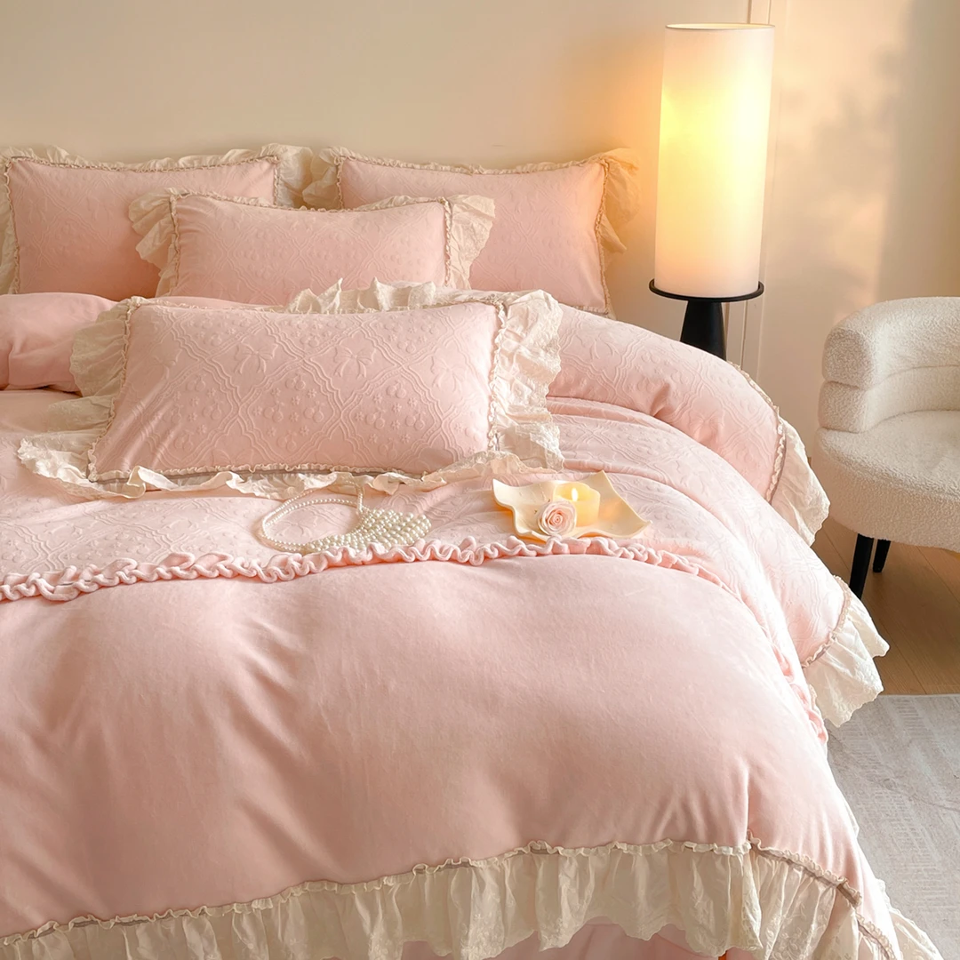 法式加厚雕花牛奶绒四件套冬季少女心床上用品珊瑚法兰绒被套床单