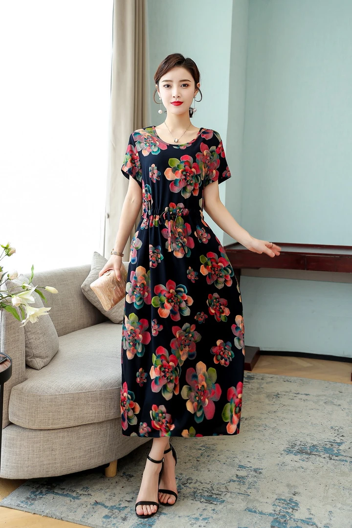 2025夏季棉绸长款连衣裙中老年女装大码碎花裙子妈妈短袖长裙