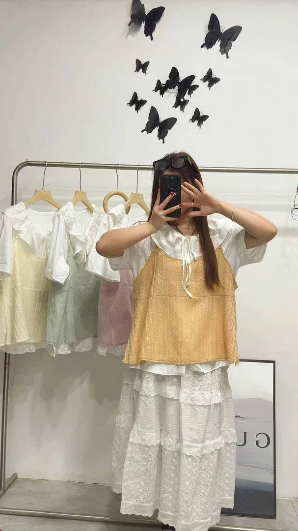 妮妮家6860夏季新款韩系甜美风娃娃衫➕针织吊带两件套