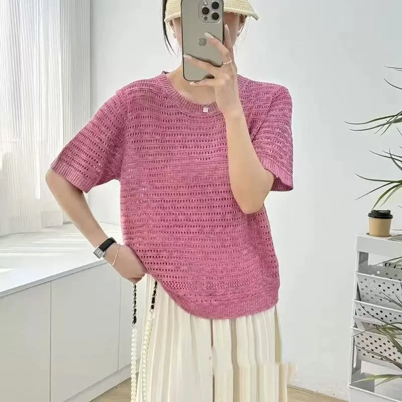 （法式小香风）钩花镂空短袖上衣女2025夏季宽松百搭时尚洋气T恤