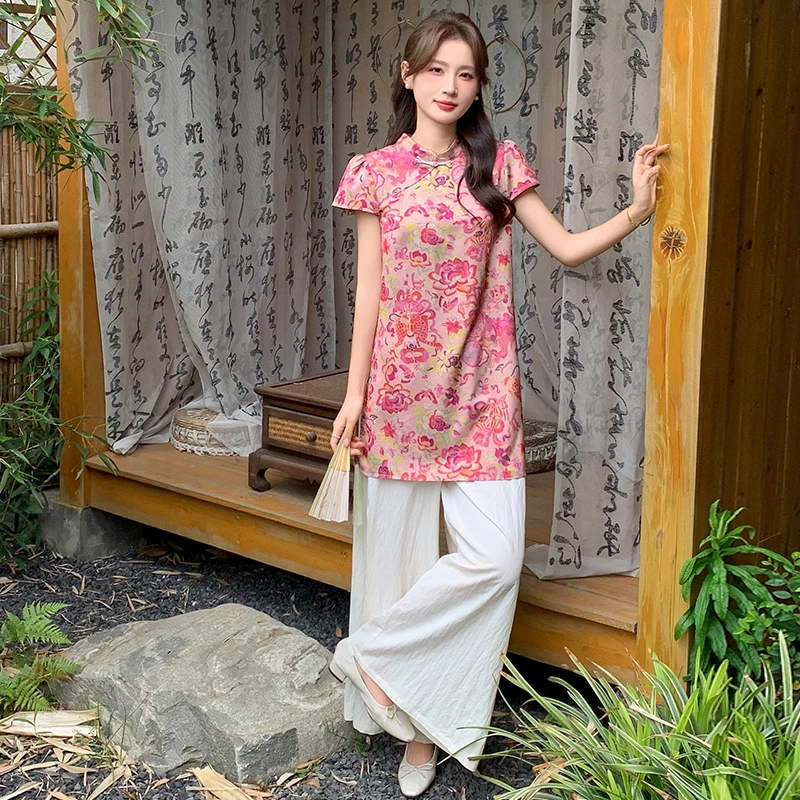 新中式印花盘扣阔腿裤女装旗袍衫2025夏季爆款优雅穿搭套装