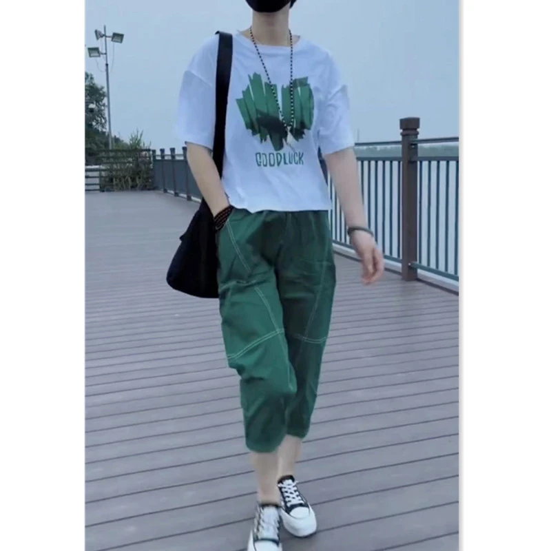中年女装2025夏季新款韩版印花T恤休闲哈伦裤时尚两件套装女装