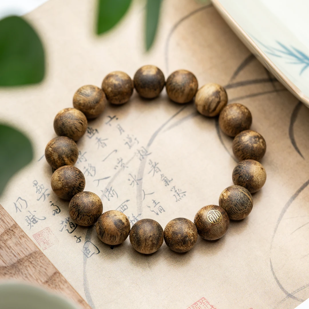 沉香海南白奇95分结香·沉香虎斑纹12mm圆珠单圈手串