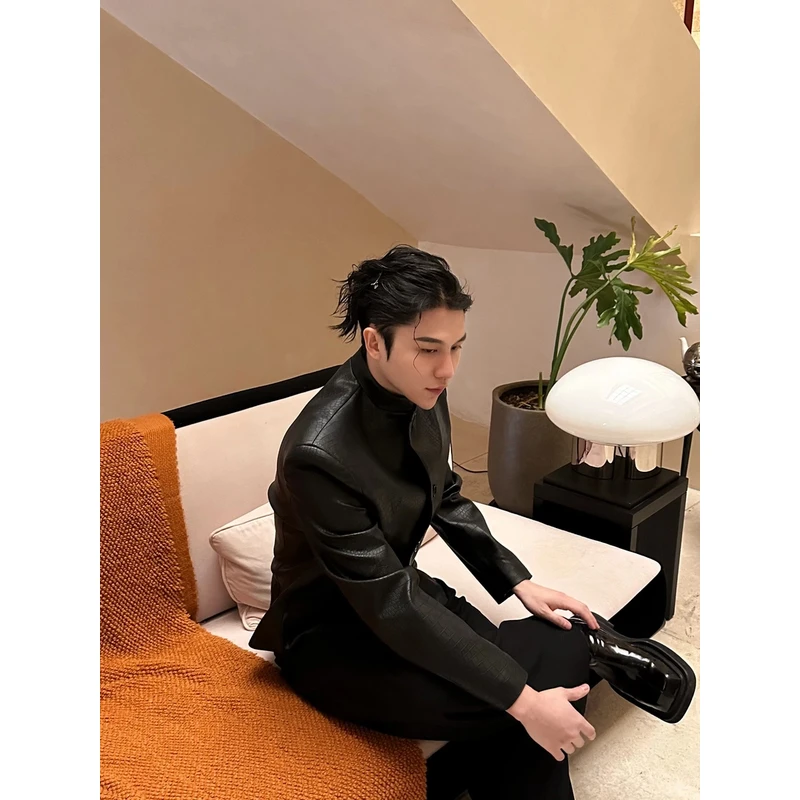 春季新款潮流男士高级感定制新中式时尚仿鳄鱼皮立领皮衣