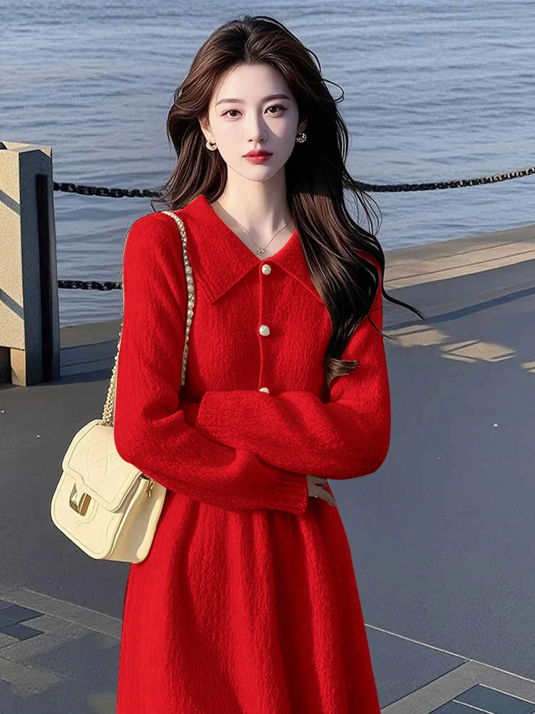 新款气质小香风名媛高端小洋装清纯系掐腰黄色针织连衣裙子女冬季