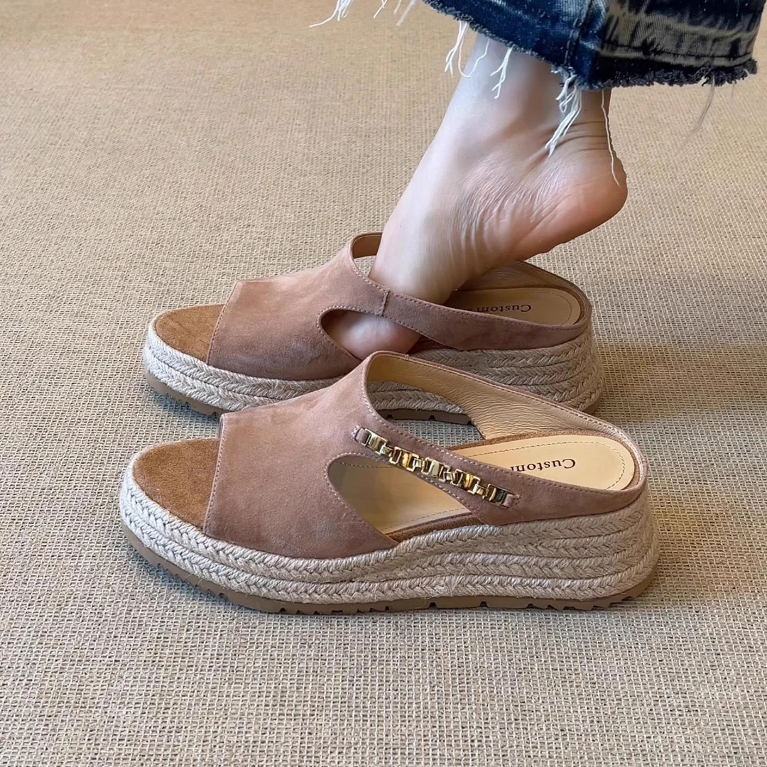 nnmiss/5cm休闲草编厚底坡跟凉鞋简约圆头金属链条露趾外穿拖鞋