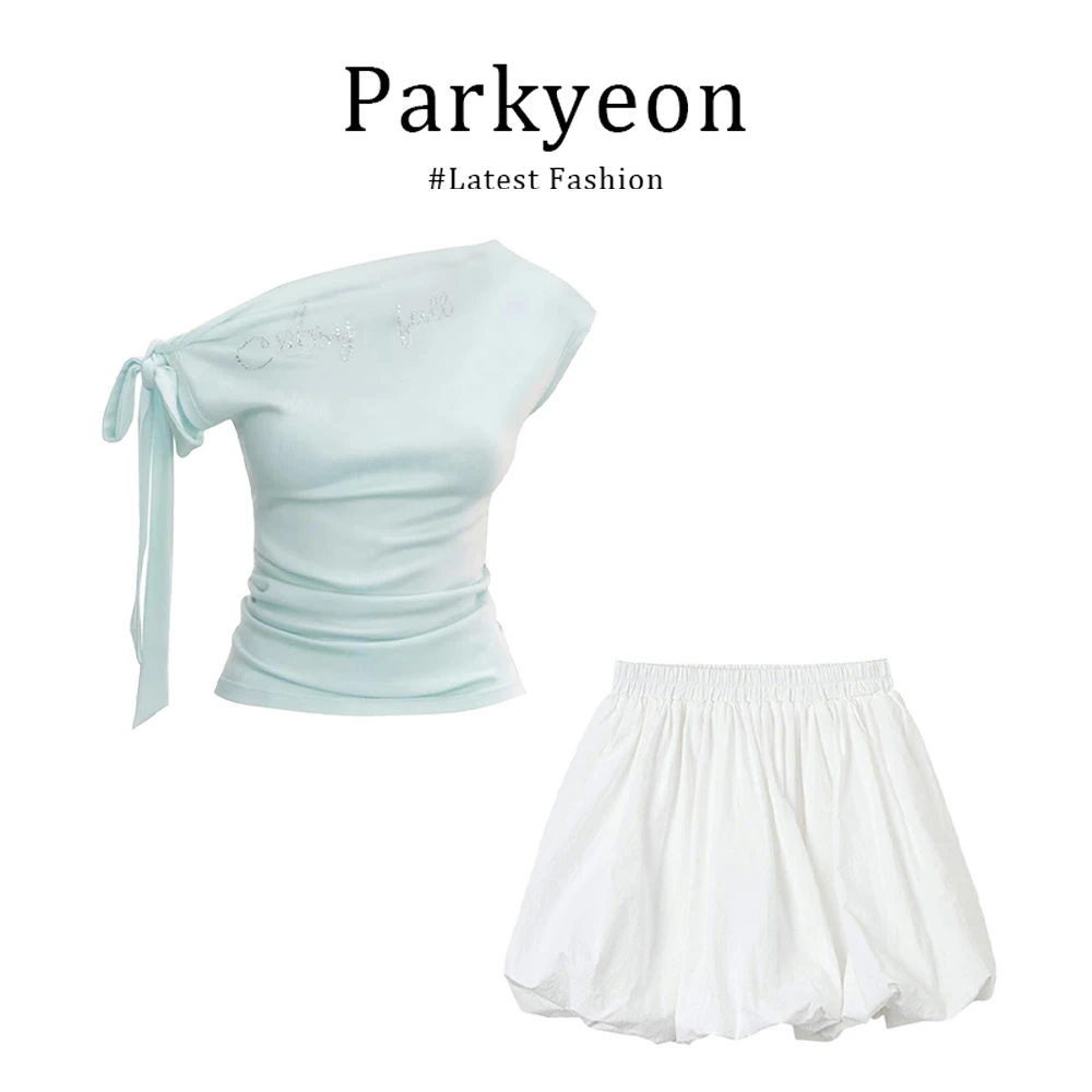 parkyeon清纯系夏日穿搭一整套女小个子斜肩掐腰上衣花苞半身短裙