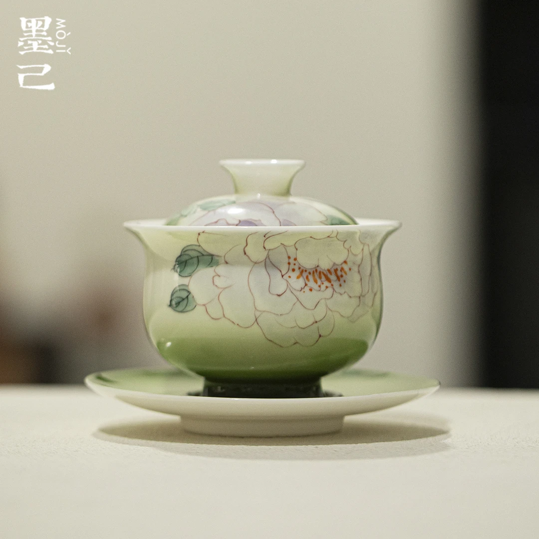 墨己手绘牡丹蝴蝶陶瓷三才盖碗家用文人器釉下彩敬茶碗薄胎泡茶碗