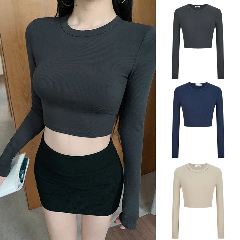 Moses Queen/魔西女王辣妹性感掐腰显大长袖T恤女短款紧身上衣