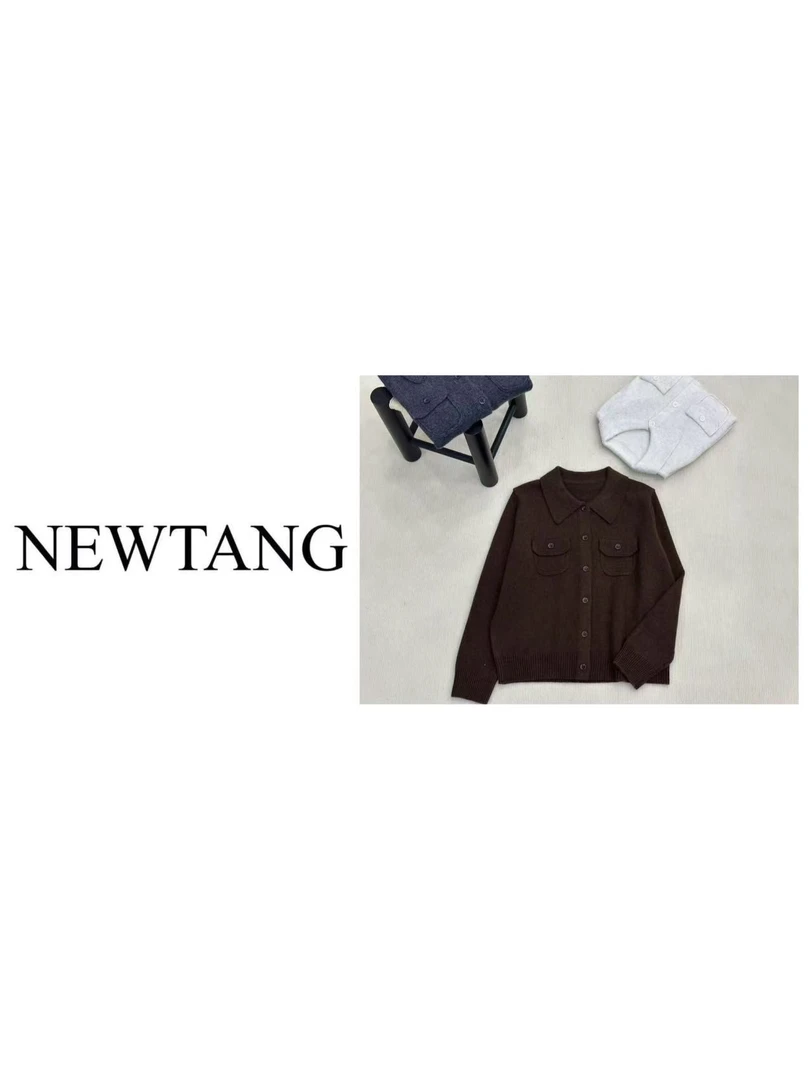 【老钱】168女外穿长袖百搭上衣韩版翻领假口袋显瘦毛衣