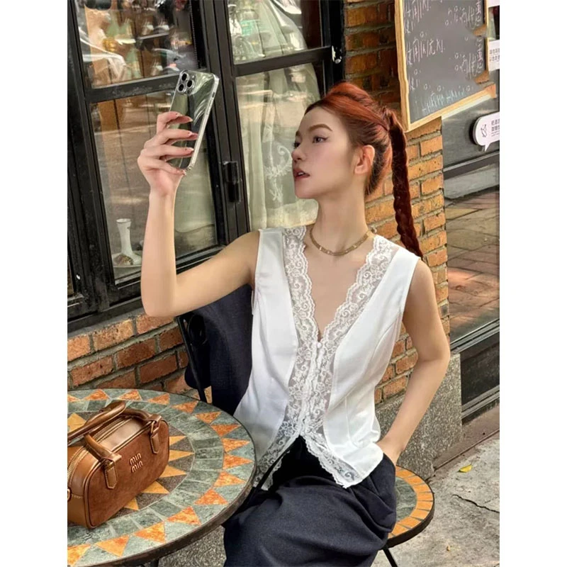 韩系高级感内搭蕾丝背心上衣宽松长袖西装外套高腰直筒休闲阔腿裤