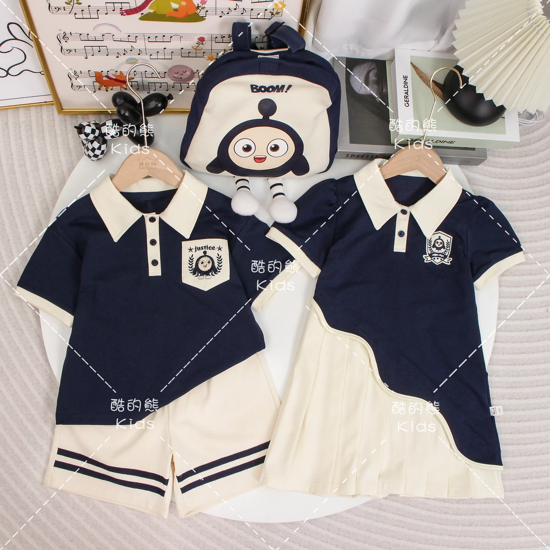 2025男童女童夏季翻领短袖套装儿童韩版洋气短袖版连衣裙D2S5-778