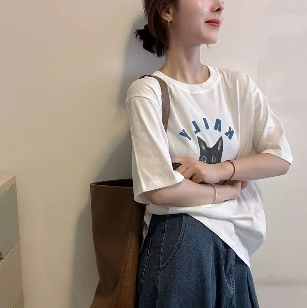 2025夏季新款时尚百搭休闲女装圆领印花设计短袖韩版设计感3010