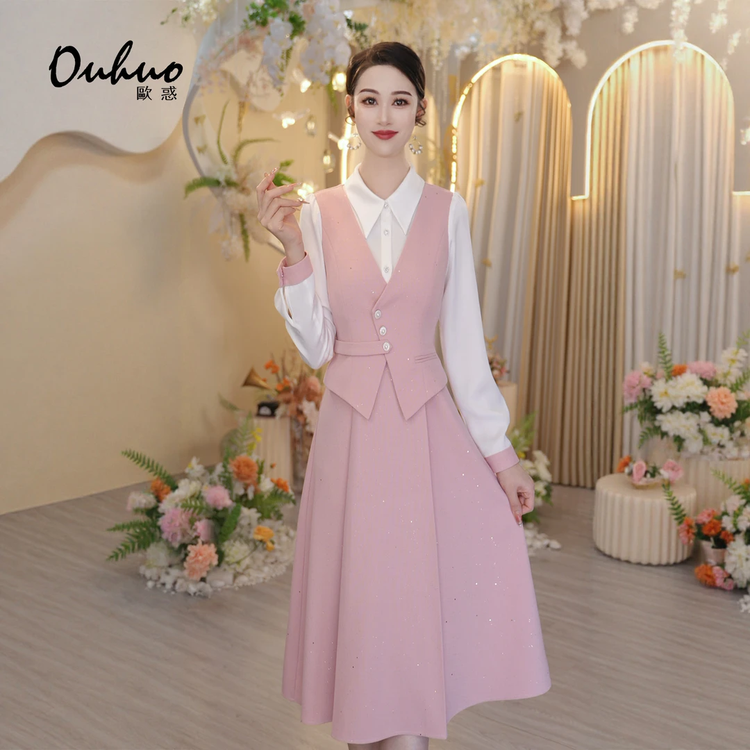 【米米定制】2025粉色假两件连衣裙衬衫领拼接马甲式收腰OHDRI10022