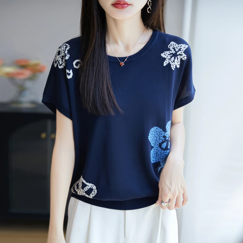 2025新款正品夏季时尚圆领短袖T恤提花百搭宽松减龄针织衫上衣