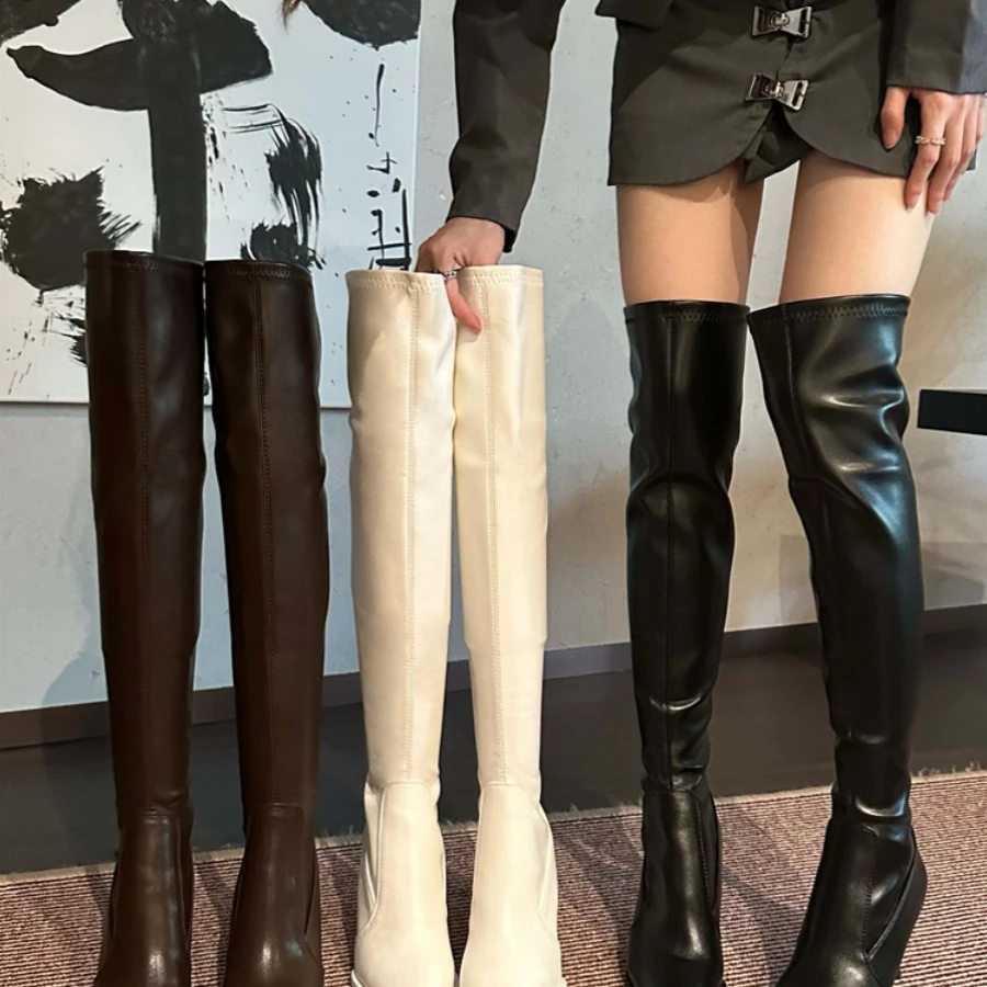 欧美性感过膝弹力瘦瘦靴2025年秋冬新款后拉链尖头时尚百搭长筒靴