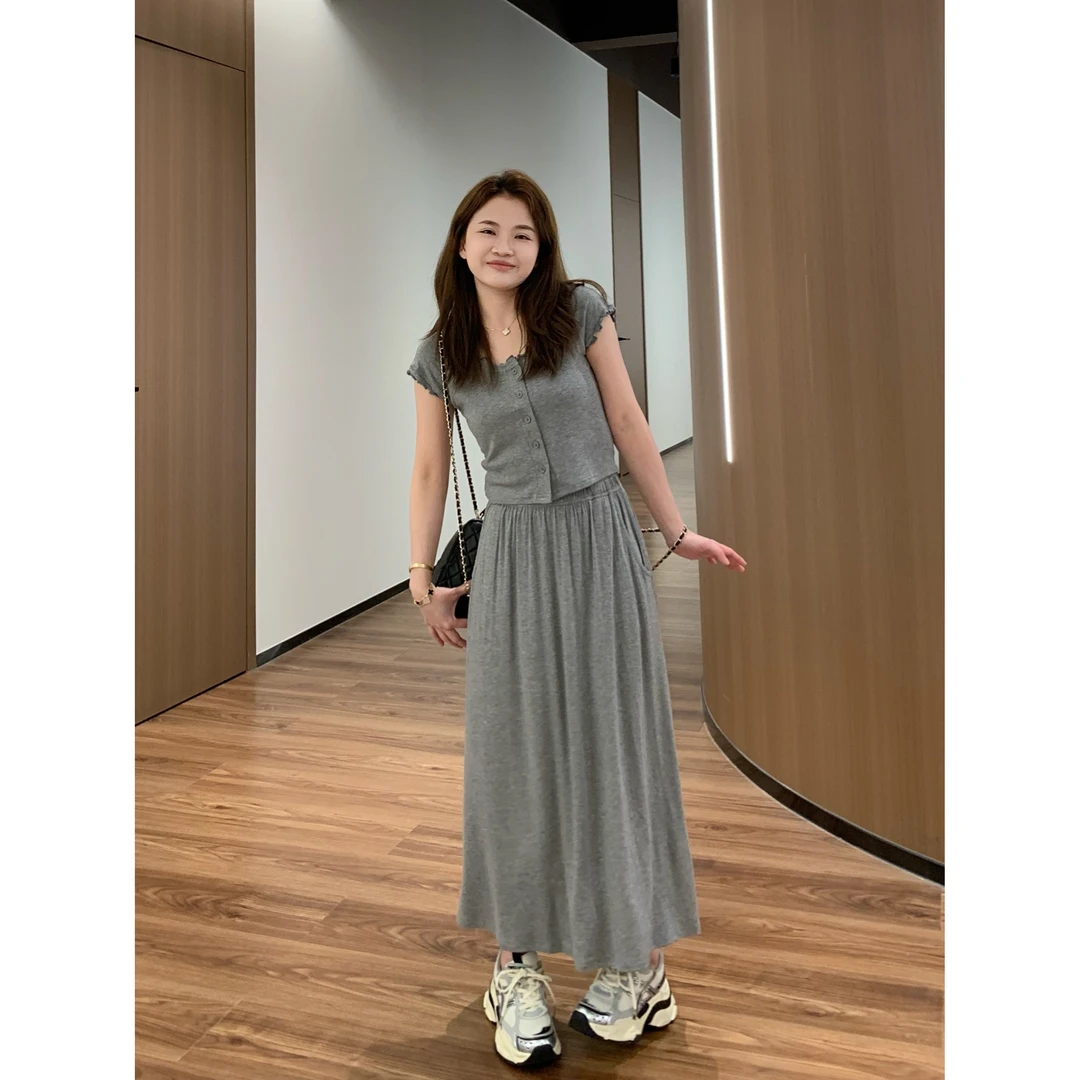 【折扣】YO定制夏季休闲套装木耳边短袖T恤松紧腰半身裙两件套装