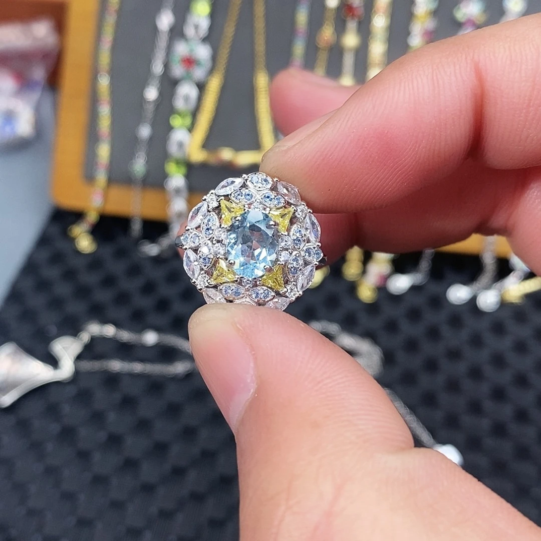 戒圈银S925镶嵌海蓝宝石