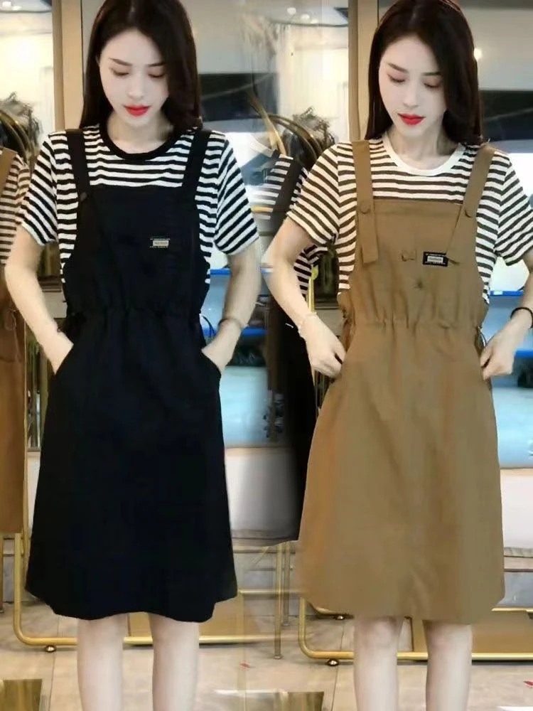 200斤胖mm条纹连衣裙女款大码显瘦遮肉遮肚子辣妈休闲假两件裙子