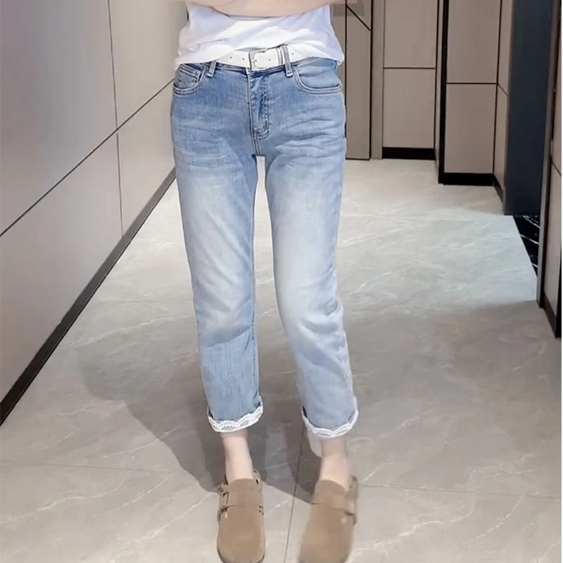 夏季新款大码弹力牛仔裤女高腰蕾丝拼接显瘦直筒小个子九分烟管裤