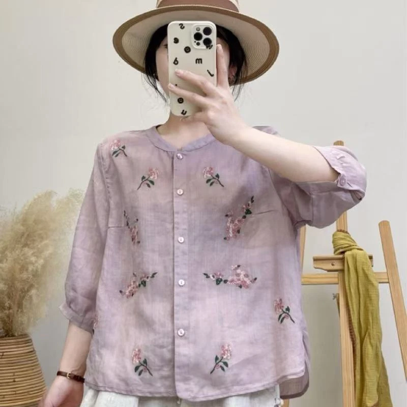 【100苎麻】夏季显瘦女士刺绣衬衫休闲衬衣气质休闲百搭-25265