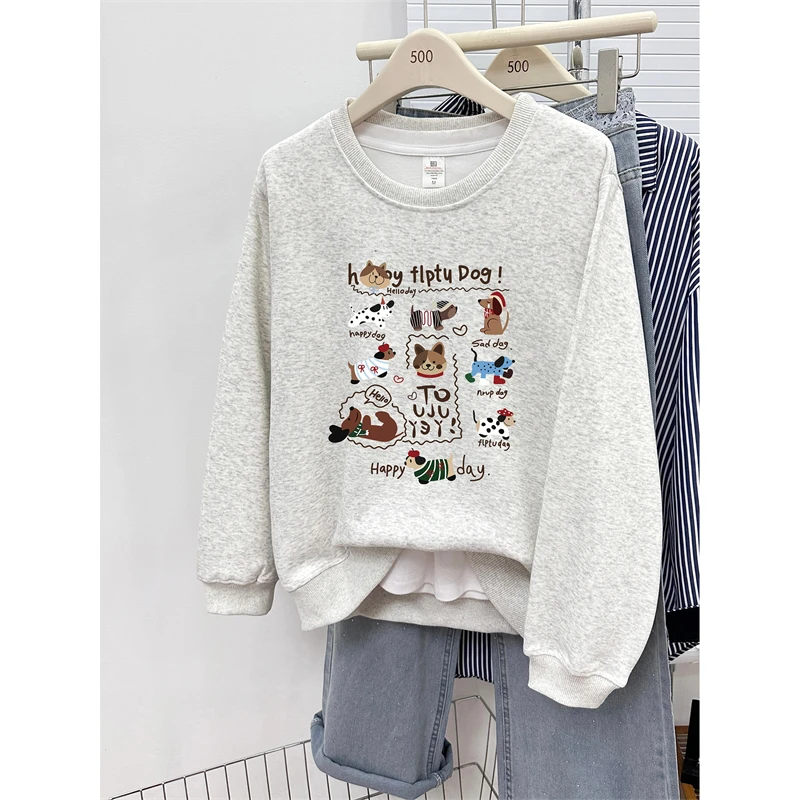韩版洋气小狗印花圆领正肩卫衣女秋冬款宽松大码胖mm无帽长袖上衣